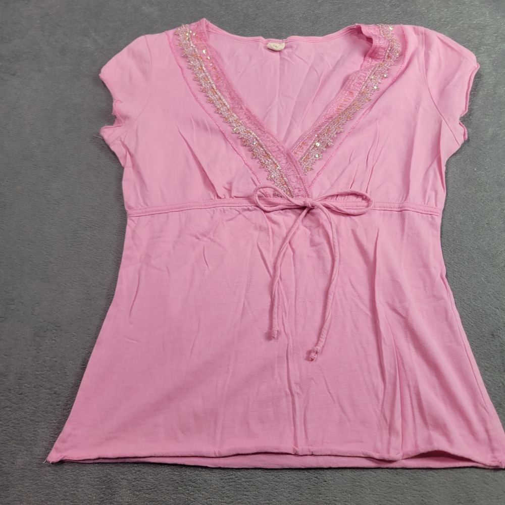 Five Top Womens S Pink Sequin V-Neck Empire Waist Cap Sleeve Y2K Fairycore Boho